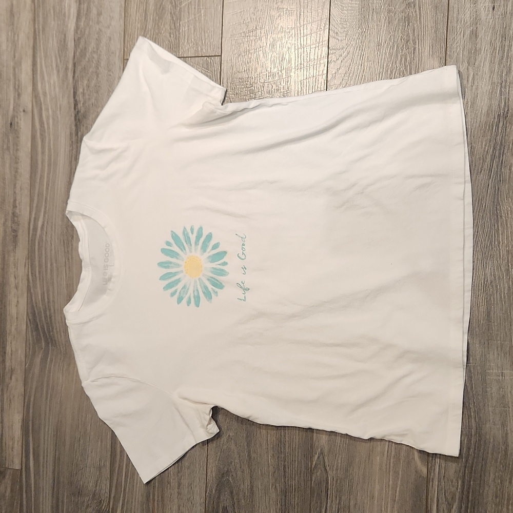Life Is Good White Tee with Blue and Yellow Flower
